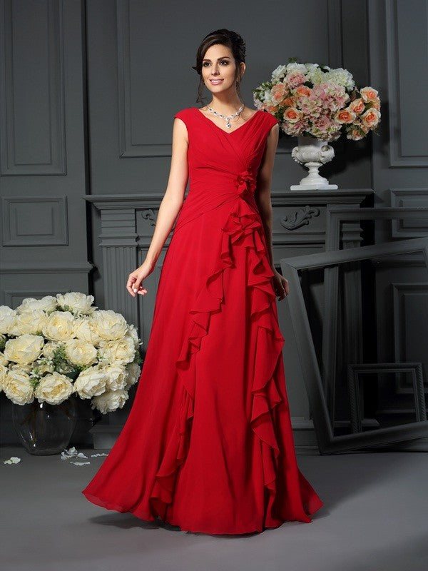 Robe longue en mousseline de soie à col en V et fleurs faites à la main, sans manches, pour mère de la mariée